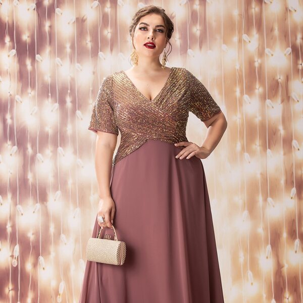 

Plus Sequin Insert Plunge Neck Chiffon Prom Dress, Mauve purple