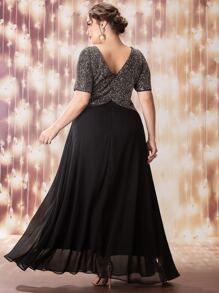 SHEIN Belle Plus Sequin Bodice Surplice Front A-Line Dress - Multicolor - View 2