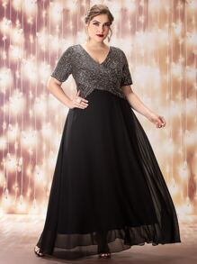 SHEIN Belle Plus Sequin Bodice Surplice Front A-Line Dress - Multicolor - View 3