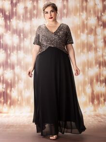 SHEIN Belle Plus Sequin Bodice Surplice Front A-Line Dress - Multicolor - View 4