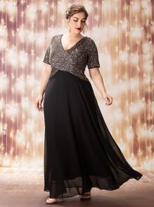 SHEIN Belle Plus Sequin Bodice Surplice Front A-Line Dress - Multicolor - View 7