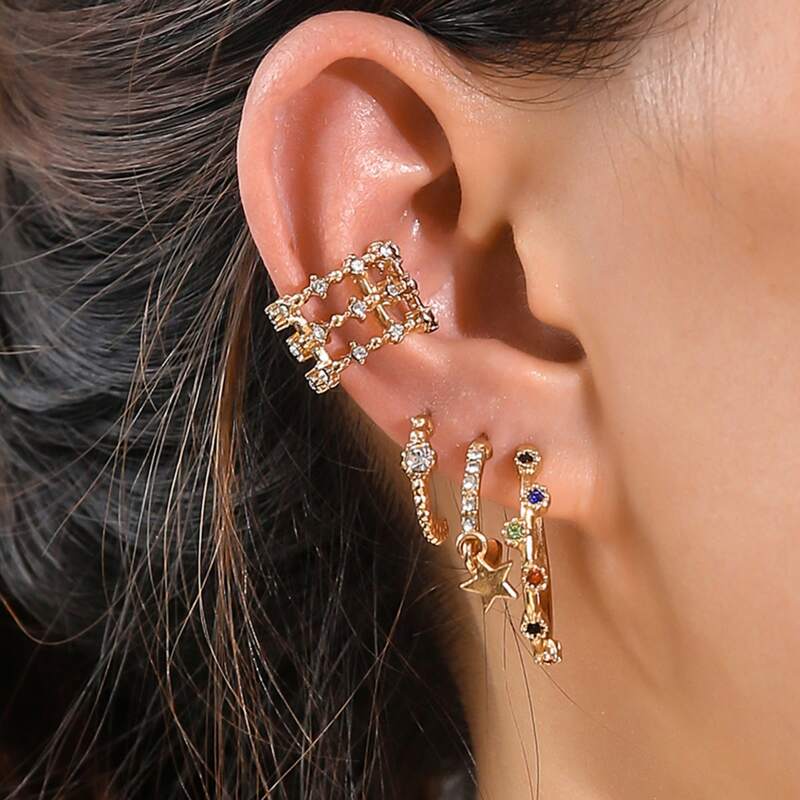 

5pcs Rhinestone Decor Earrings, Gold