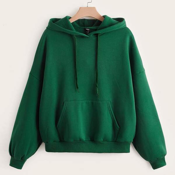 

Plus Drop Shoulder Drawstring Thermal Hoodie, Dark green