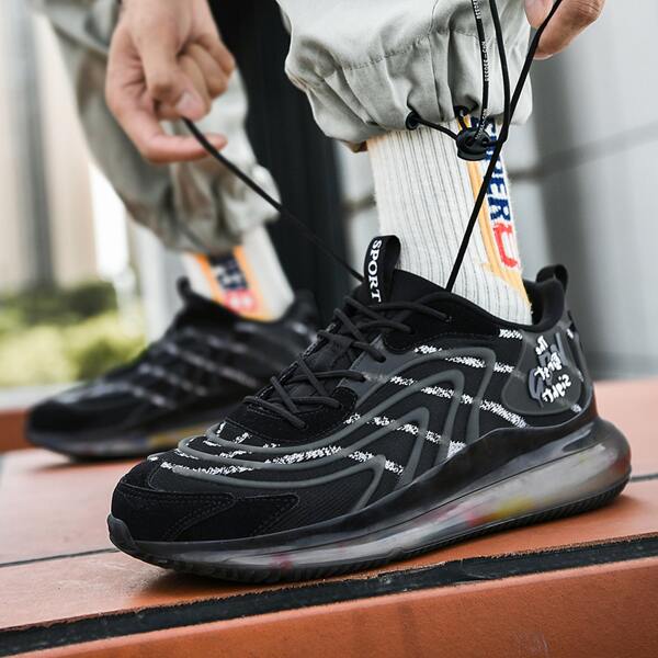 

Men Striped Pattern Lace-up Front Sneakers, Black and white