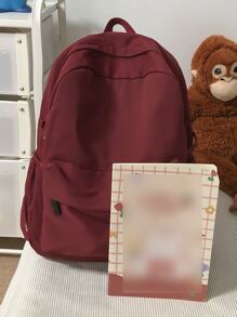 1 pieza Mochila de gran capacidad minimalista de unicolor, adecuada para viajes, compras, cabe portátil, libros de texto - Burdeos - Ver 2