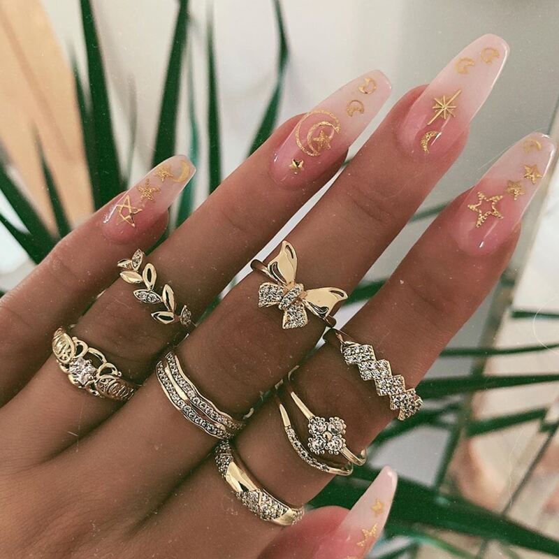 

7pcs Rhinestone Decor Ring, Gold