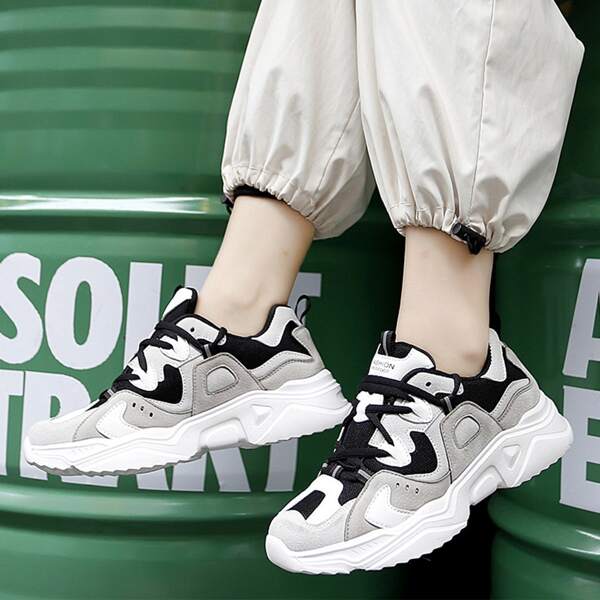 

Colorblock Lace-up Front Chunky Sneakers, Black and white
