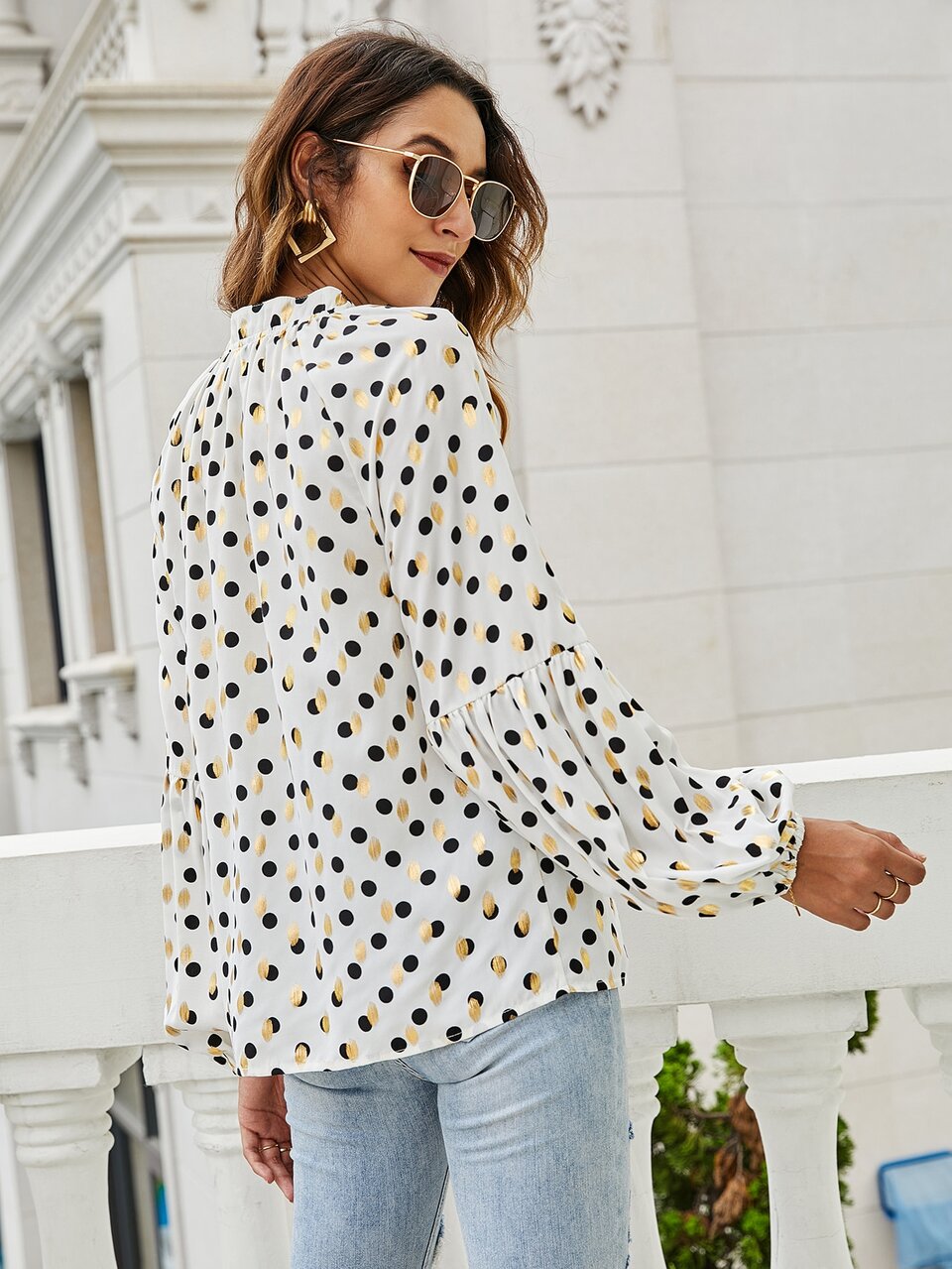 Polka Dot Bishop Sleeve Blouse Elegant