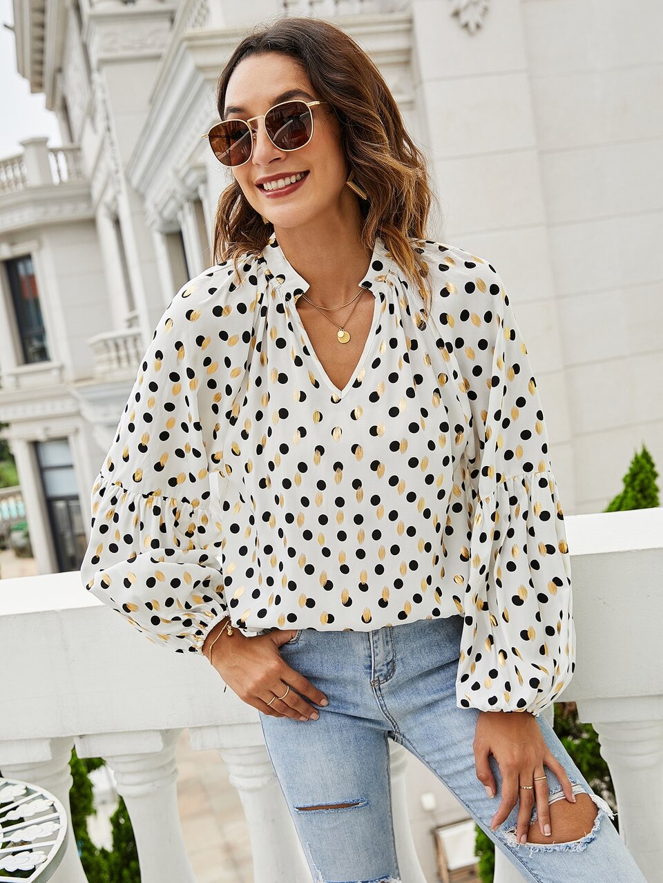 Polka Dot Bishop Sleeve Blouse Elegant