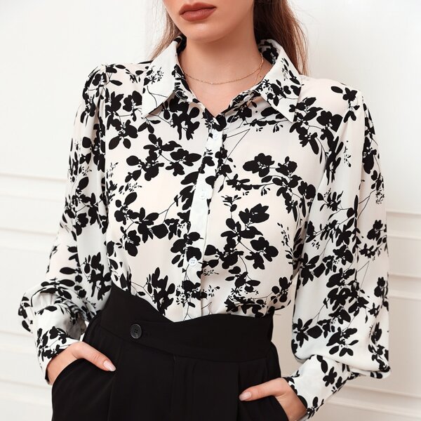 

Floral Print Puff Sleeve Chiffon Blouse, Black and white