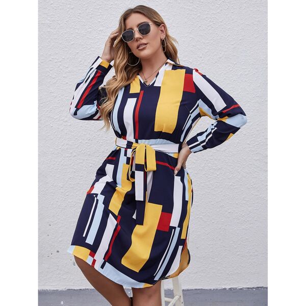 

Plus Colorblock Belted Dress, Multicolor