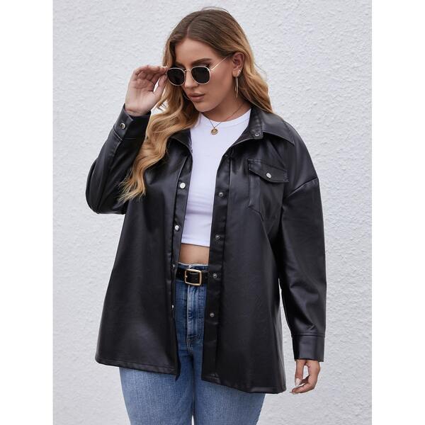 

Plus Button Up PU Leather Coat, Black