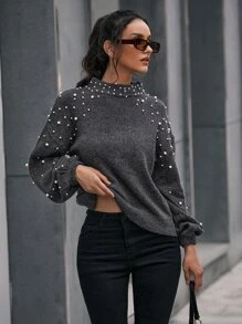Pearls Beaded Mock Neck Drop Shoulder Jumper - Dark Grey - View 1