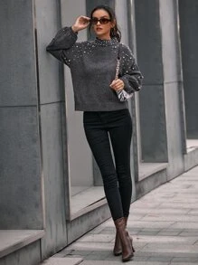 Pearls Beaded Mock Neck Drop Shoulder Jumper - Dark Grey - View 3