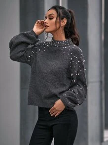 Pearls Beaded Mock Neck Drop Shoulder Jumper - Dark Grey - View 4