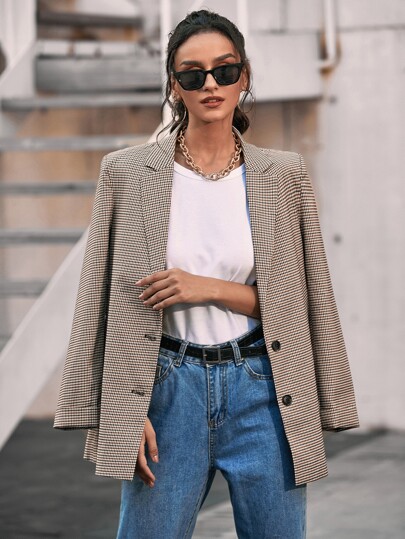 Aveloria Plaid Lapel Collar Flap Detail Blazer Workwear  Fall Cloth For Women