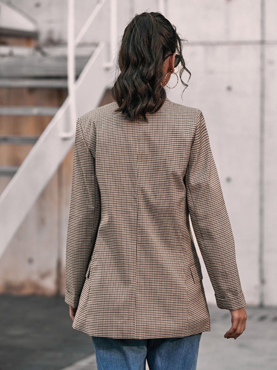 Plaid Lapel Collar Flap Detail Blazer Workwear  Fall Cloth For Women
