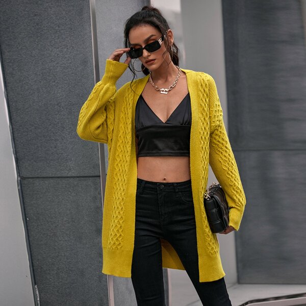 

Drop Shoulder Open Front Cardigan, Mustard yellow