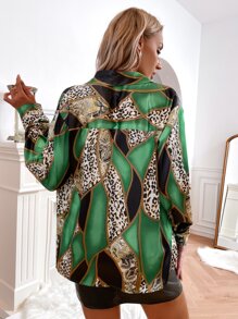 SHEIN Privé 緞面豹紋前排扣長款襯衫 - 彩色 - 查看 2