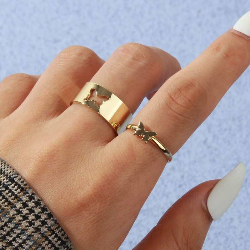 

2pcs Butterfly Decor Ring, Gold