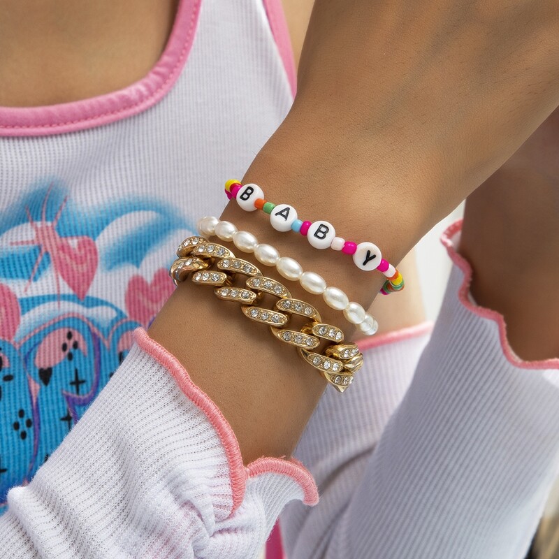 

3pcs Letter Graphic Beaded Bracelet, Multicolor
