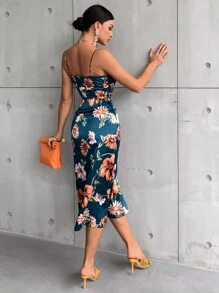 GENKIRA Floral Print Drape Neck Split Thigh Satin Dress Vacation Outfits Woman  - Multicolor - View 2