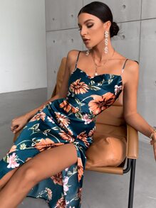 GENKIRA Floral Print Drape Neck Split Thigh Satin Dress Vacation Outfits Woman  - Multicolor - View 4