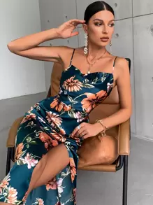GENKIRA Floral Print Drape Neck Split Thigh Satin Dress Vacation Outfits Woman  - Multicolor - View 5