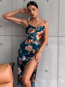 GENKIRA Floral Print Drape Neck Split Thigh Satin Dress Vacation Outfits Woman  - Multicolor - View 6