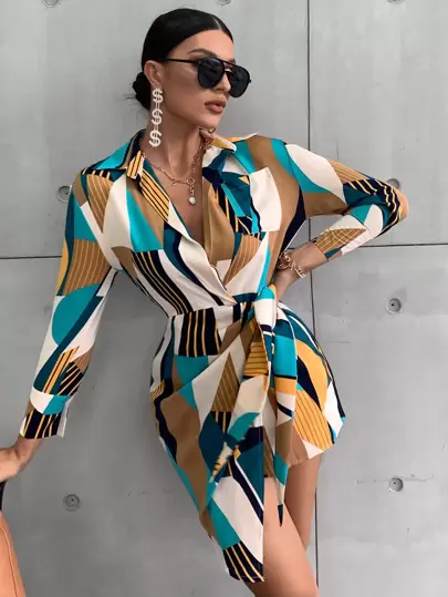 SHEIN Privé Striped Geo Print Wrap Knot Side Asymmetrical Hem Shirt Dress