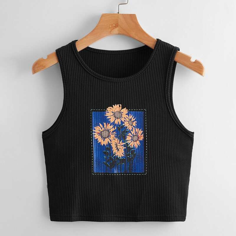 

Floral Print Ribbed Tank Top, Black