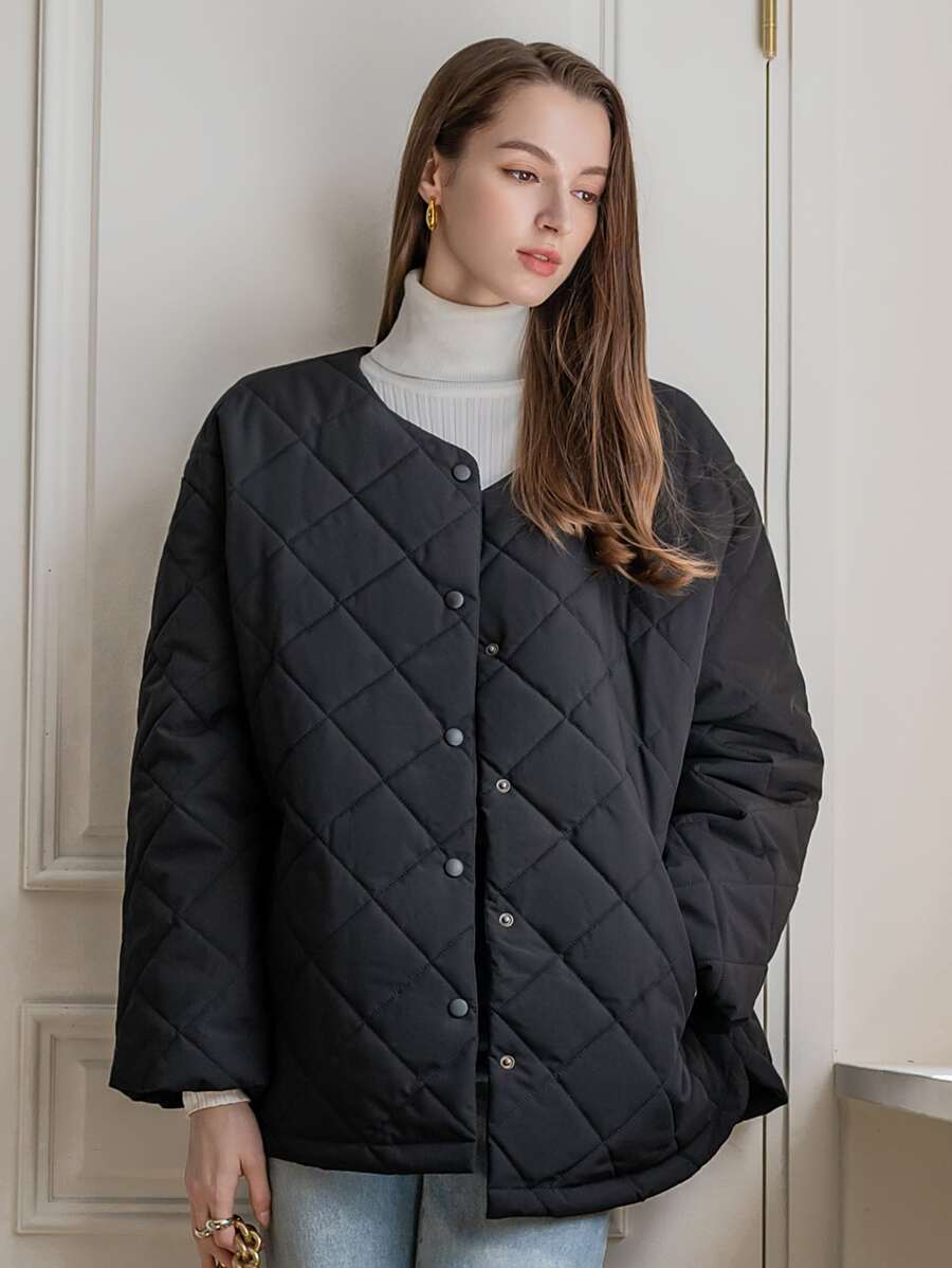 SHEIN COLDBREAK Button Front Quilted Padded Coat - Black - View 1