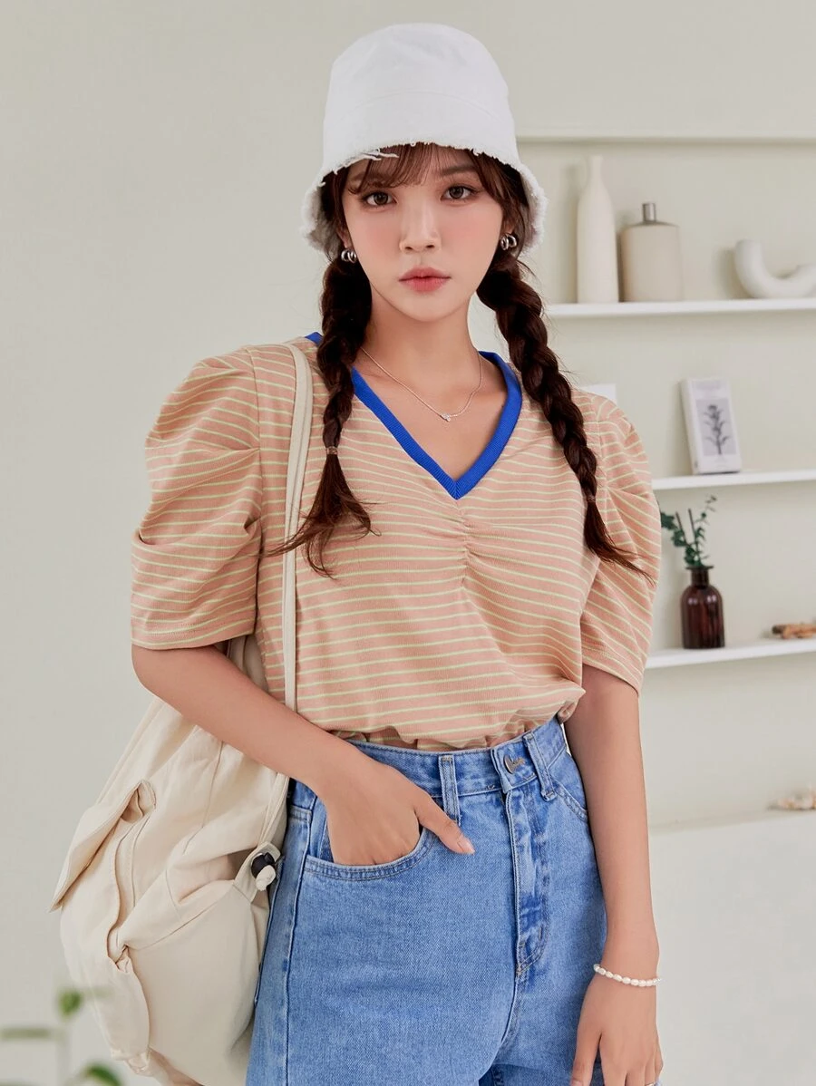 DAZY 條紋圖案泡泡袖滾邊T恤 - 珊瑚粉 - 查看 1