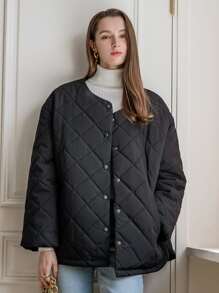 SHEIN COLDBREAK Button Front Quilted Padded Coat - Black - View 4