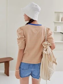 DAZY 條紋圖案泡泡袖滾邊T恤 - 珊瑚粉 - 查看 2