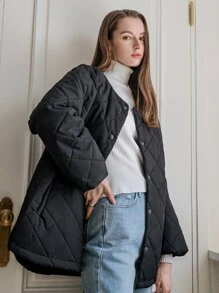 SHEIN COLDBREAK Button Front Quilted Padded Coat - Black - View 6