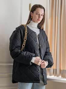 SHEIN COLDBREAK Button Front Quilted Padded Coat - Black - View 7