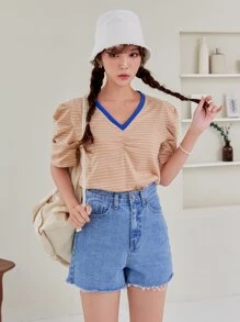 DAZY 條紋圖案泡泡袖滾邊T恤 - 珊瑚粉 - 查看 4