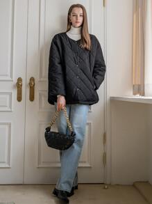 SHEIN COLDBREAK Button Front Quilted Padded Coat - Black - View 8