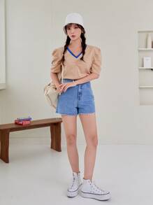 DAZY 條紋圖案泡泡袖滾邊T恤 - 珊瑚粉 - 查看 5