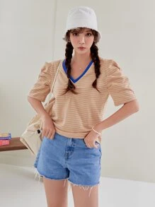 DAZY 條紋圖案泡泡袖滾邊T恤 - 珊瑚粉 - 查看 6