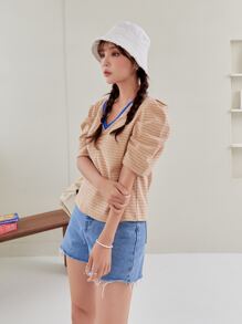 DAZY 條紋圖案泡泡袖滾邊T恤 - 珊瑚粉 - 查看 7