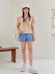 DAZY 條紋圖案泡泡袖滾邊T恤 - 珊瑚粉 - 查看 8