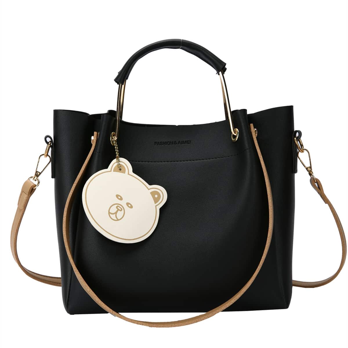 

Two Tone Tote Bag With Bear Bag Charm, Black