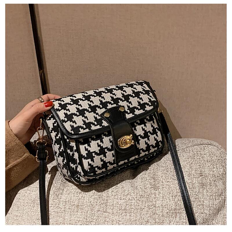 

Houndstooth Flap Crossbody Bag, Black