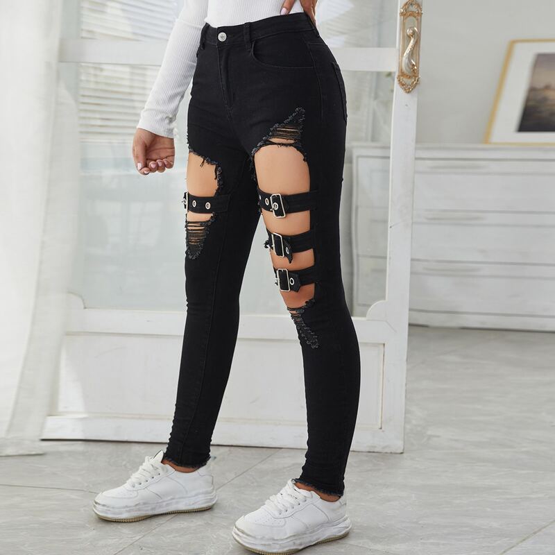 

Buckle Belted Cutout Detail Jeans, Black