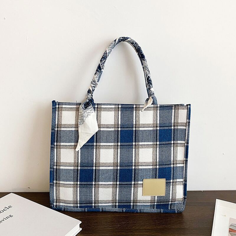 

Plaid Shoulder Tote Bag, Blue
