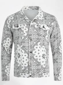 CLOUDSTYLE Men Flap Pocket Scarf & Paisley Print Jacket - Black and White - View 1