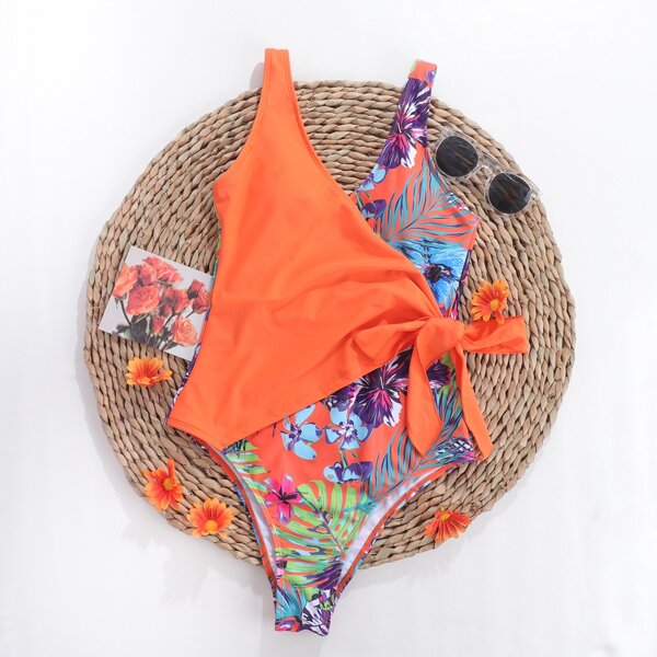 

Tropical Print Knot Side One Piece Swimsuit, Multicolor