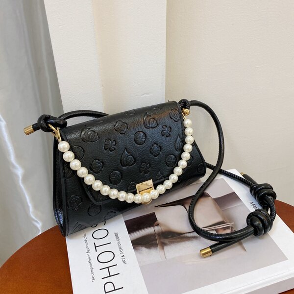 

Faux Pearl Decor Cartoon Graphic Satchel Bag, Black